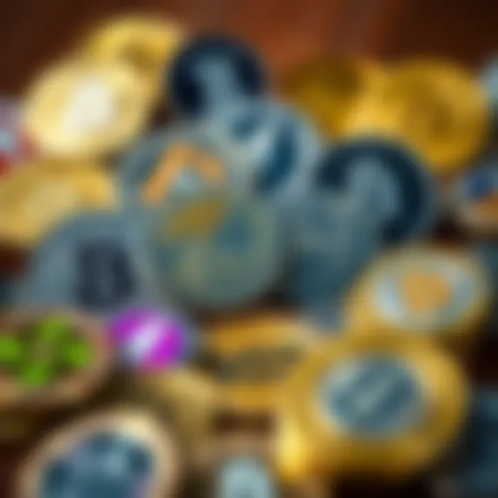 Visual representation of various cryptocurrency coins listed on Coinbase, showcasing their unique designs and branding.