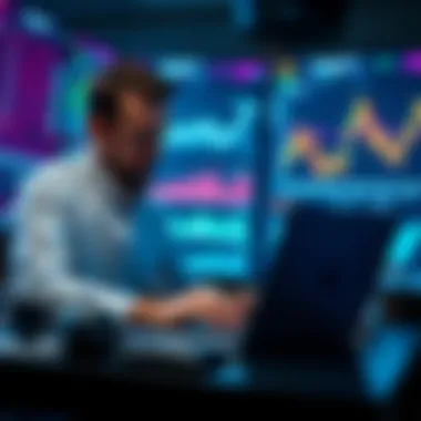 An investor analyzing data on a laptop with cryptocurrency charts