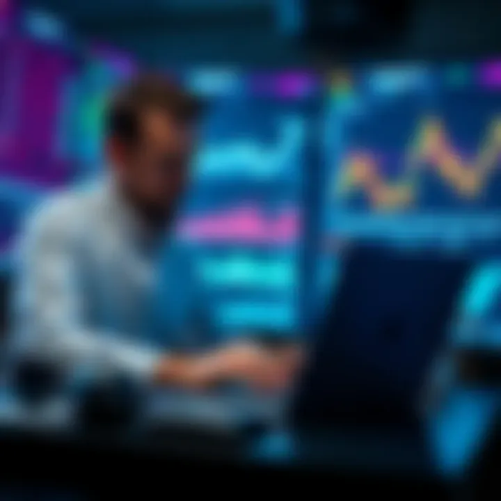 An investor analyzing data on a laptop with cryptocurrency charts