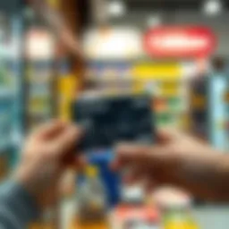 Visual representation of the Coinbase Visa card in use at a retail store.