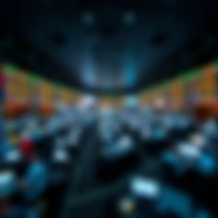 A panoramic view of a bustling cryptocurrency trading floor