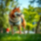 A majestic Akita Inu standing proudly in a lush green park