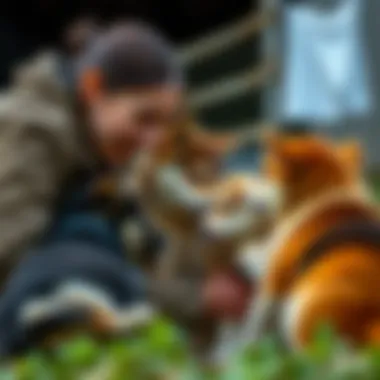 A responsible breeder interacting with Akita Inu puppies, emphasizing ethical practices