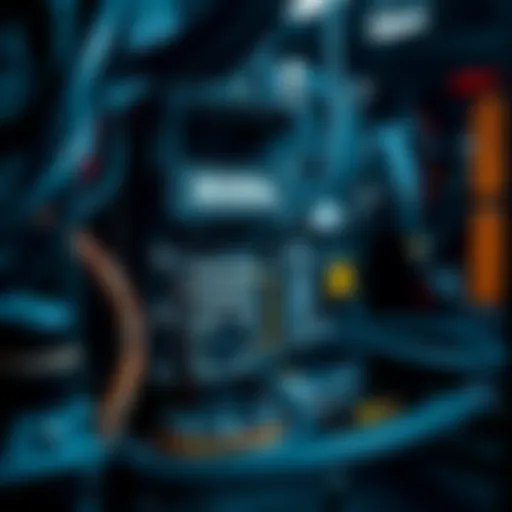 A detailed view of a cryptocurrency mining rig with components labeled.