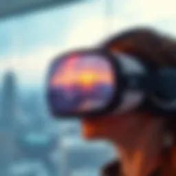 A virtual reality headset showcasing an immersive digital landscape.