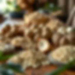 Various forms of kava displayed on a wooden table