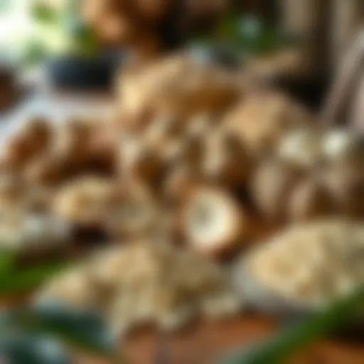 Various forms of kava displayed on a wooden table